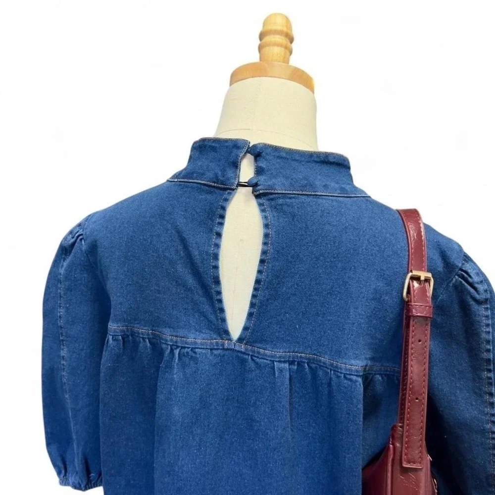 Sugar Lips Denim Bow Dress Aura Jacey Size Large Boho Preppy Western - Picture 7 of 8